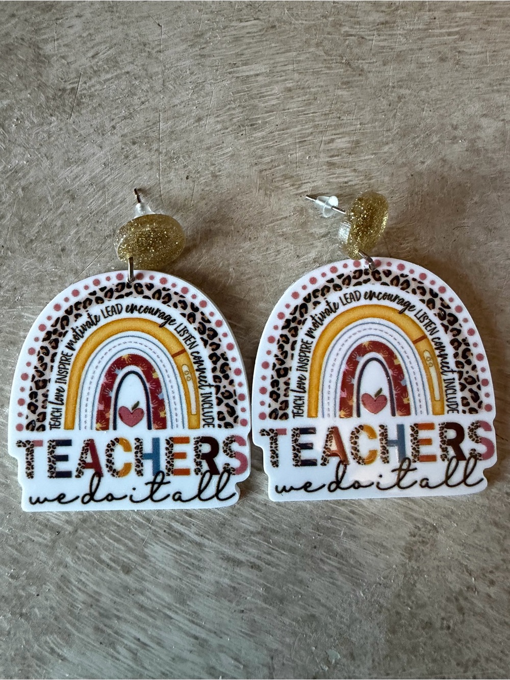 Teachers We Do It All Rainbow Leopard Earrings - Gold & Pink